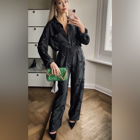 Zara Pants - Zara Black Embellished Satin Jumpsuit